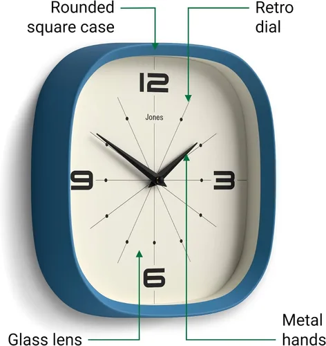 Miniatura 6 de JONES CLOCKS® Pulsar - Reloj de pared Reloj retro cuadrado redondeado 10 pulgadas Azul Aspecto de diseñador genial para cocina, sala