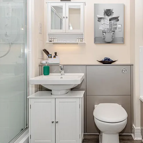 Miniatura 6 de Divertido lienzo de pared de gato en blanco y negro, decoración moderna de pared de baño, gato sentado en el inodoro, lectura de periódicos, pintura