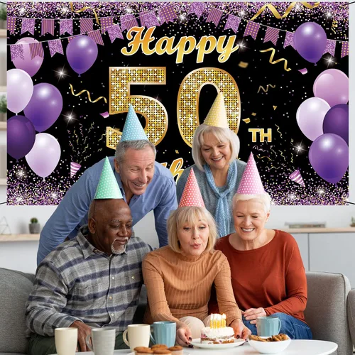 Miniatura 3 de Cartel de fondo de decoración de cumpleaños 50, decoraciones de feliz cumpleaños 50 para ella, decoración de fondo de fotos de fiesta de cumpleaños