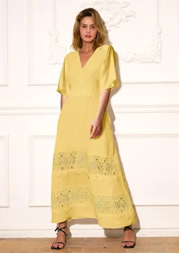 Miniatura 48 de Vestido largo de encaje para mujer de manga corta y cuello en V, vestido de fiesta estilo bohemio con cintura fruncida, vestido bohemio para mujer
