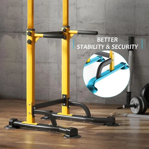 Miniatura 4 de Torre de potencia multifuncional para gimnasio en casa: estación de dominadas y inmersión ajustable con capacidad de 400 libras, equipo de Amarillo