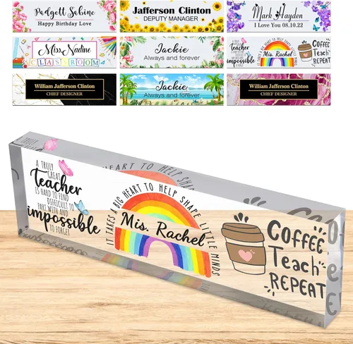 Miniatura 26 de Placa de nombre personalizada para escritorio, placas de nombre personalizadas para hombres y mujeres, diseño de girasol con logotipo de negocios