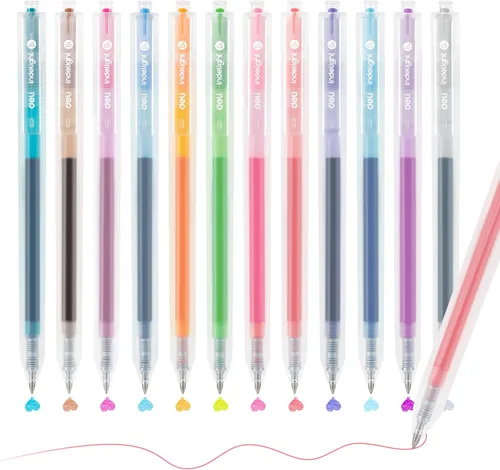 deli Bolígrafos de gel coloridos, 12 bolígrafos retráctiles multicolores, punta fina de 0.020 pulgadas, escritura suave, no se corre, secado rápido