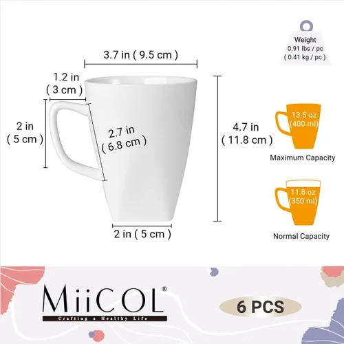Miniatura 3 de Miicol Juego de 6 tazas de café de porcelana, tazas de café grandes de 14 onzas, tazas de té blanco, tazas de cerámica para latte, capuchino, leche