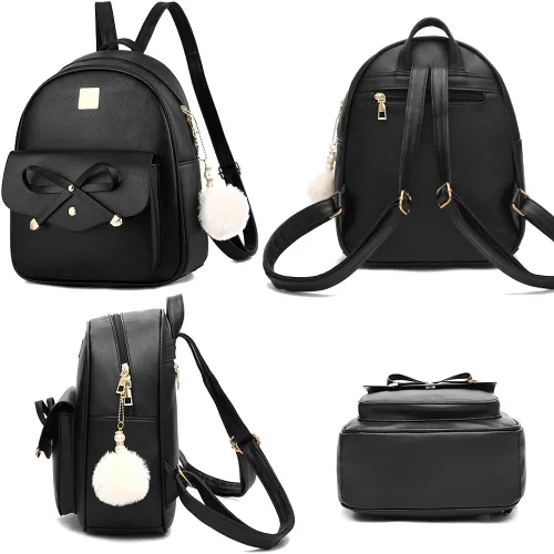 Miniatura 2 de Mochila de piel para niñas, estilo Bowknot, 3 piezas de mochila, bolso y monedero a la moda, para mujer