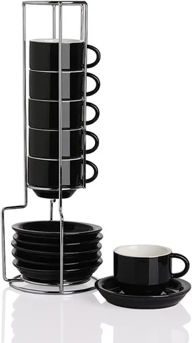 Miniatura 25 de Sweejar - Tazas de café de porcelana con platillos, tazas de capuchino apilables de 4 onzas con soporte de metal para bebidas de café, café