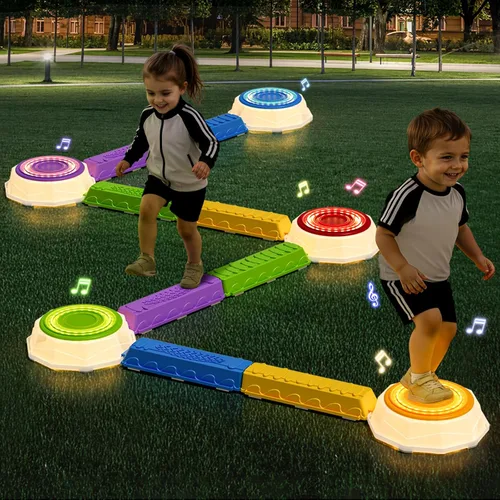 Wee Wonders Piedras iluminadas y haz de equilibrio para niños, piedras de paso con música de piano, juego giratorio y 30 tarjetas, juguetes