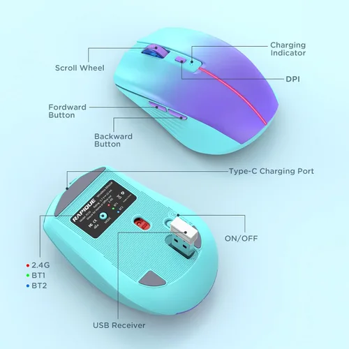 Miniatura 7 de RAPIQUE Ratón inalámbrico Bluetooth, recargable silencioso multidispositivo para computadora (modo tri: BT1/2+2.4Ghz) con receptor USB, ratón