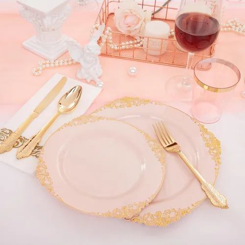 Miniatura 2 de Morejoy 175 platos de plástico rosa, juegos de platos desechables rosa y dorado, incluye 25 platos llanos, 25 platos de postre, 25 juegos de rosa