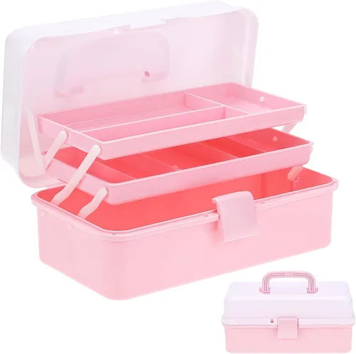 Miniatura 8 de Organizador de manualidades, caja de aparejos plegable portátil de 3 capas, caja de herramientas de plástico con asa para suministros de costura