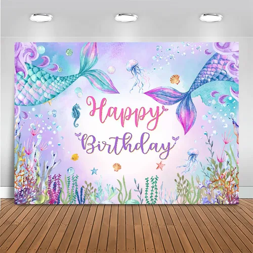 Mocsicka Telón de fondo de sirena de cumpleaños bajo el mar, decoración de fiesta de cumpleaños para niña, fondo de fotografía de cola de sirena