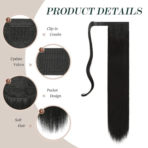 Miniatura 3 de FESHFEN Extensiones de cola de caballo largas y rectas, extensiones de cola de caballo sintéticas para mujer, color negro natural, 24 pulgadas