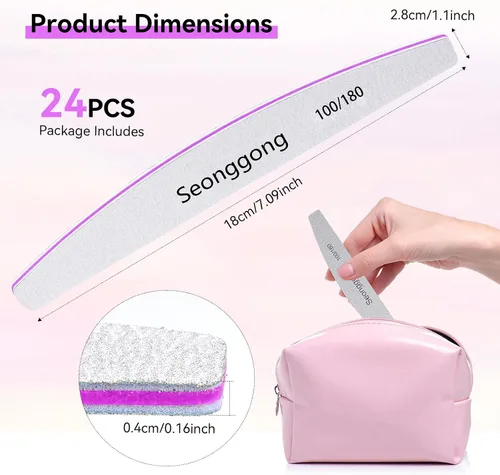 Miniatura 4 de 24 limas de uñas de grano 100/180 para mujeres, de doble cara, para manicura y pedicura, herramientas de manicura y pedicura para uñas naturales