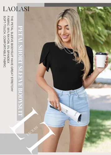 Miniatura 4 de LAOLASI Body de manga corta con pétalos para mujer, cuello redondo, ajustado, informal, elástico, para mujer