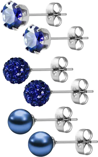 Miniatura 59 de JewelrieShop - Juego de aretes de tuerca de acero inoxidable con circonitas cúbicas y perlas de imitación, 3 pares de 0.236 in