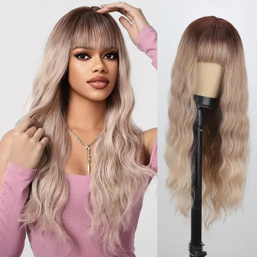Miniatura 23 de Peluca larga de color rubio ceniza con flequillo, pelucas onduladas y rizadas gris rubio de aspecto natural, peluca de fibra sintética resistente al