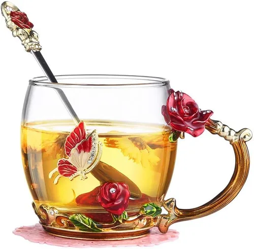 Luka Tech - Tazas de café de vidrio sin plomo con mariposa y flores esmaltadas, taza de té con cuchara de acero, regalos personalizados para Rosa