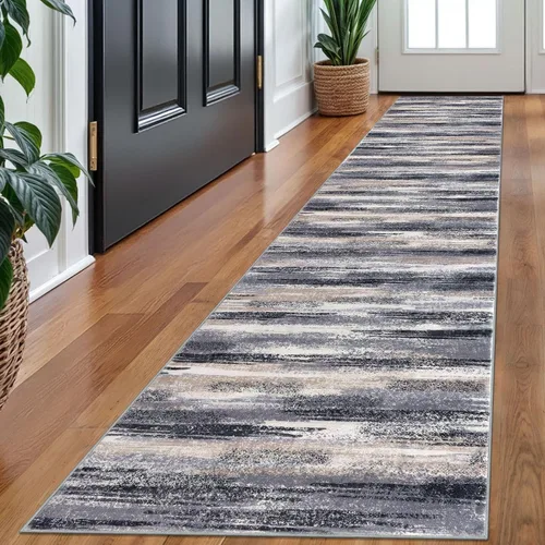 Miniatura 45 de Lansny Alfombra moderna abstracta de 2 x 5 pies, color negro, gris, blanco, lavable, alfombra de entrada para cocina, alfombra antideslizante suave