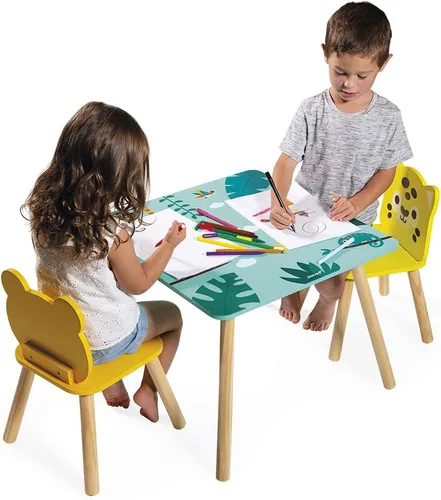 Miniatura 5 de Janod - Mesa Tropik de Madera y 2 Sillas - Mueble Infantil - Mesa: 21,65 x 21,65" - 1 Silla Jaguar y Rana - Pinturas a Base de Agua - 3 Años + J08273