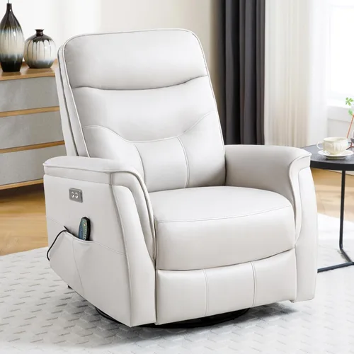 Miniatura 9 de Silla reclinable para adultos, mecedora eléctrica de piel sintética para masaje y calor, silla reclinable giratoria de gran tamaño con puertos USB