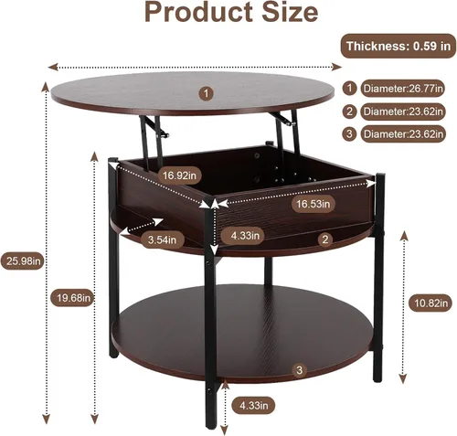 Miniatura 2 de FAHKNS Mesa auxiliar redonda con parte superior elevable con almacenamiento y compartimento oculto, mesa circular de dos niveles de 26.77 pulgadas