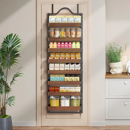 Miniatura 7 de Organizador de especias de 8 niveles para montar en la pared, organizador de despensa sobre la puerta resistente con cesta ajustable de madera