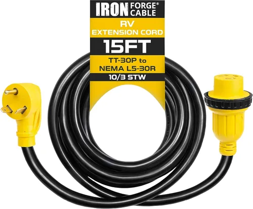 Iron Forge Cable Cable de extensión RV de 30 amperios de 15 pies - 10/3 STW TT-30P a NEMA L5-30R 125v Cable de alimentación de RV resistente para