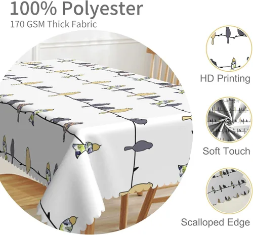 Miniatura 3 de Mantel rectangular de 60 x 120 pulgadas, estampado de pájaros en ramas, mantel decorativo impermeable y resistente a las manchas, para cocina