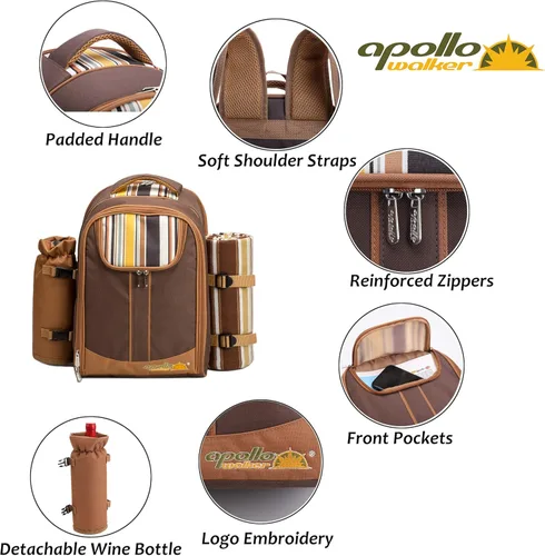 Miniatura 3 de apollo walker Mochila de picnic para 2 personas con compartimento refrigerador, soporte desmontable para botellas/vino, manta de forro polar, platos