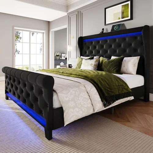 Miniatura 9 de Belffin Estructura de Cama Tamaño Queen con Cabecero, Cabecero Alto de 50" Cama Plataforma Tapizada en Terciopelo con Luces LED y 2 Puertos USB/1