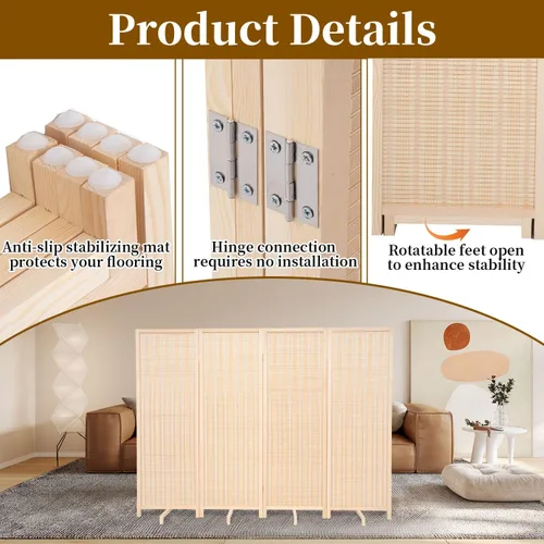 Miniatura 6 de Panel divisor de habitación de bambú con patas giratorias de 360°, 4 paneles de 47 pulgadas de alto, pantalla de privacidad plegable corta