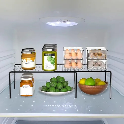 Miniatura 2 de Juego de 2 organizadores de estantes expandibles para armario de cocina, estantes de almacenamiento de despensa de alambre de metal ajustables, Negro