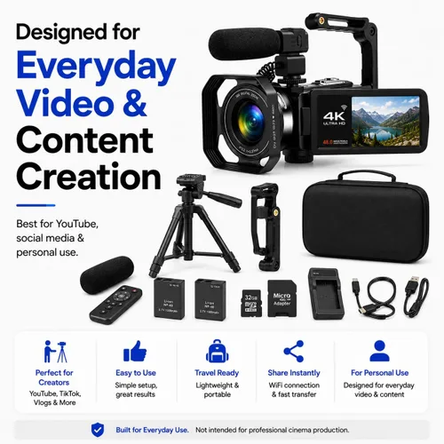 Miniatura 9 de Acuvar Videocámara 4K 60FPS 48MP con WiFi, zoom 18X, pantalla abatible, micrófono externo, estabilizador y trípode, kit de cámara de vlogging con 2