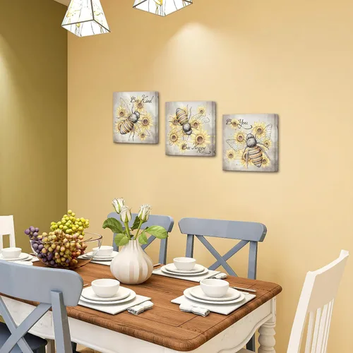 Miniatura 4 de iHAPPYWALL 3 piezas de lienzo de abeja de miel, arte de pared, diseño de girasol y citas motivacionales, ilustraciones para cocina, dormitorio