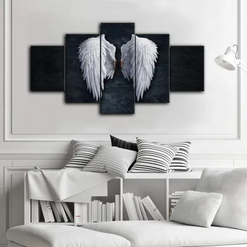Miniatura 6 de Urttiiyy Lienzo decorativo de alas de ángel para pared, diseño de plumas de ángel en el suelo, pinturas en la pared, 5 paneles, carteles grandes