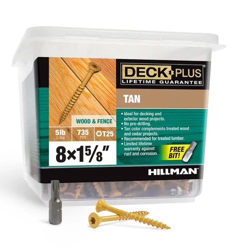 Deck Plus Tornillos para valla y madera exterior con revestimiento epoxi de 1-5/8 pulgadas #8 x 1-5/8 pulgadas Torx/Star Drive Incluido, rosca Canela