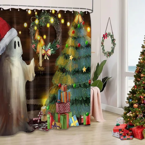Miniatura 16 de Cortina de ducha de Halloween, diseño de mansión embrujada gótica espeluznante, juego de cortinas de baño de castillo de murciélago gótico Embrujado