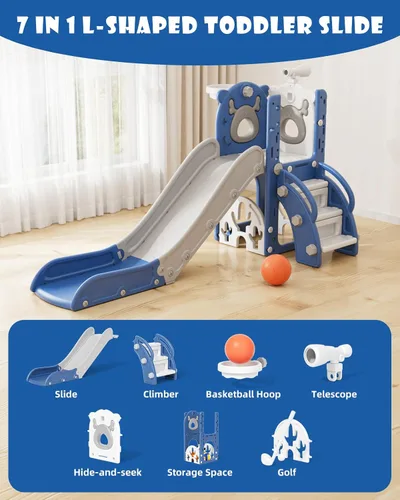 Miniatura 2 de YUFU Tobogán 7 en 1 para Niños para Niños Pequeños, Conjunto de Juego de Tobogán para Niños Pequeños con Golf, Escalador, Aro de Baloncesto