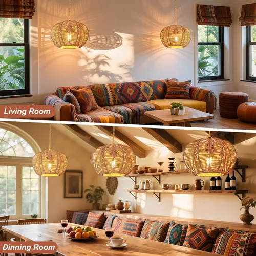 Miniatura 5 de Luces Colgantes con Cable de Enchufe, Lámpara Colgante de Ratán, Luminarias de Techo Boho, Lámpara Colgante de Estilo Rústico para Sala de Estar