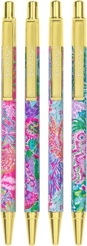 Miniatura 2 de Lilly Pulitzer Juego de 4 bolígrafos de tinta negra, bolígrafos retráctiles para el hogar u oficina, bolígrafos de plástico coloridos, Shell Me