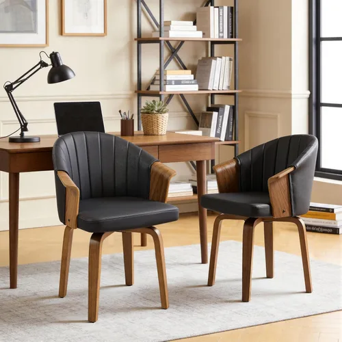 Miniatura 5 de Art Leon Silla de escritorio sin ruedas, silla giratoria moderna de mediados de siglo, silla de escritorio de piel sintética para oficina en casa