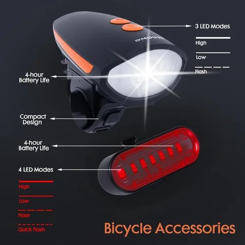 Miniatura 2 de Kunhe Rechargeable Bicycle Front and Rear Lights with Horn 1200mah Battery 120dB Bicycle Bell 150 lumens 3 Light Modes 5 Horn Modes Suitable for