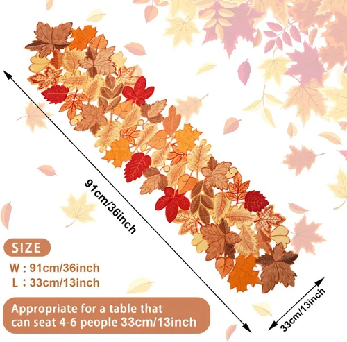 Miniatura 7 de Camino de mesa de otoño de 36 pulgadas de largo con hojas de arce bordadas para cosecha de Acción de Gracias, decoración de comedor con patrones