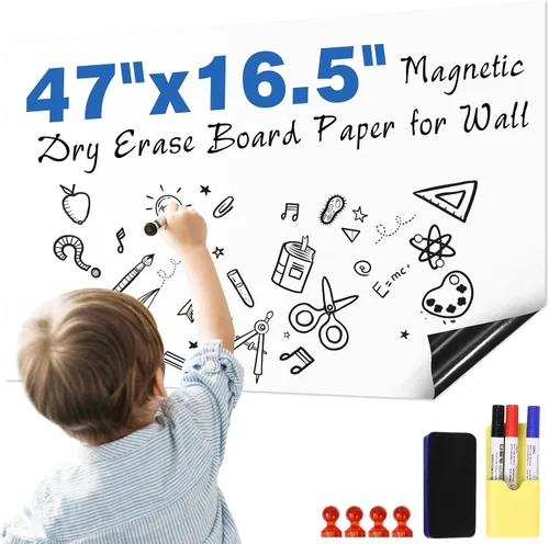 Adhesivo de Pizarra Blanca Magnética 47"x16.5" Papel de Pizarra Magnética de Borrado en Seco para Adhesivo de Pared Refrigerador Hoja de Pizarra