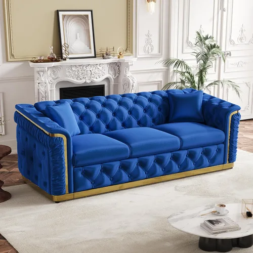Miniatura 10 de Juego de 2 sofás Chesterfield de lujo, sofá victoriano copetudo negro y dorado, moderno de mediados de siglo, juego de sofás de 3 plazas para sala