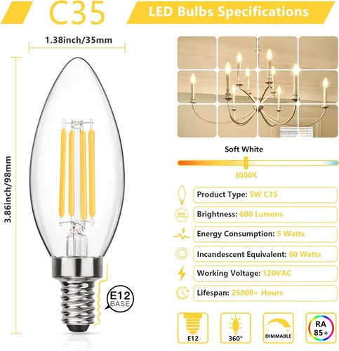 Miniatura 2 de MAXvolador Bombillas LED de candelabro E12 regulables equivalentes a 60 W, blanco suave 3000 K, bombilla LED de araña de 600 lúmenes, bombillas