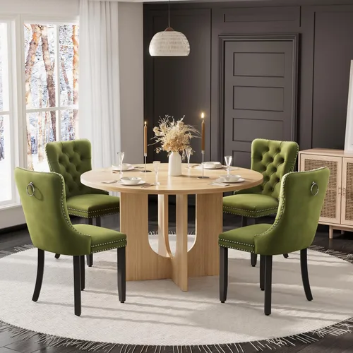 Miniatura 33 de Mesa de comedor redonda de 47 pulgadas para juego de mesa de cocina rústica de 6,7 piezas, mesa de comedor de granja, sillas negras de alta gama