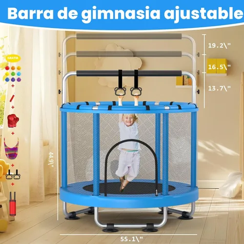 Miniatura 4 de ZCMHAXJ Trampolín de 55 pulgadas para niños con recinto, capacidad de 440 libras, trampolín para niños y exteriores, con barra de gimnasia ajustable
