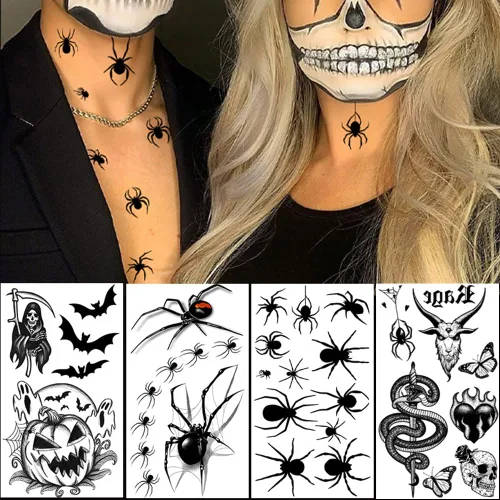 Miniatura 4 de 10 hojas de tatuajes temporales de Halloween para mujeres y hombres, calavera negra de terror, fantasma, araña, tatuajes falsos 3D, calcomanías