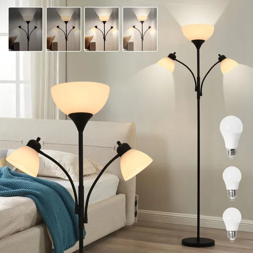 Lámparas 3 en 1 para sala de estar, lámpara de pie con 2 luces de lectura ajustables, lámparas de pie con atenuación continua, 3 bombillas LED